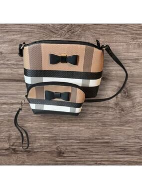 Deluxity LA Purse and cosmetics bag. Beige, Black, and White with Black Bows